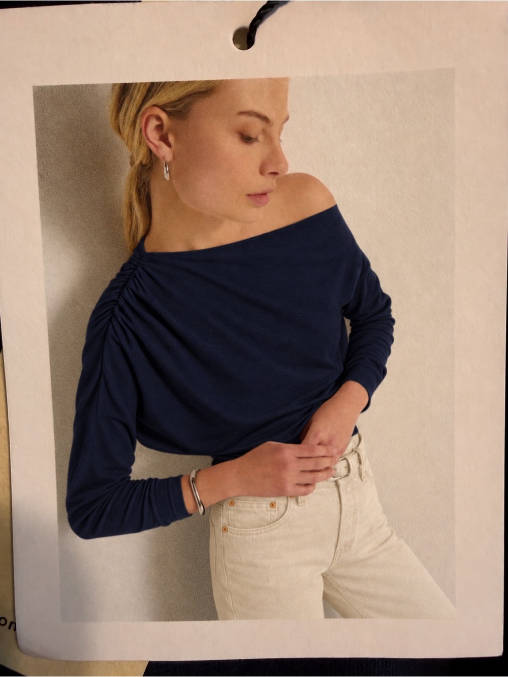 Nation Off-Shoulder Ruched-Sleeve Top in Navy